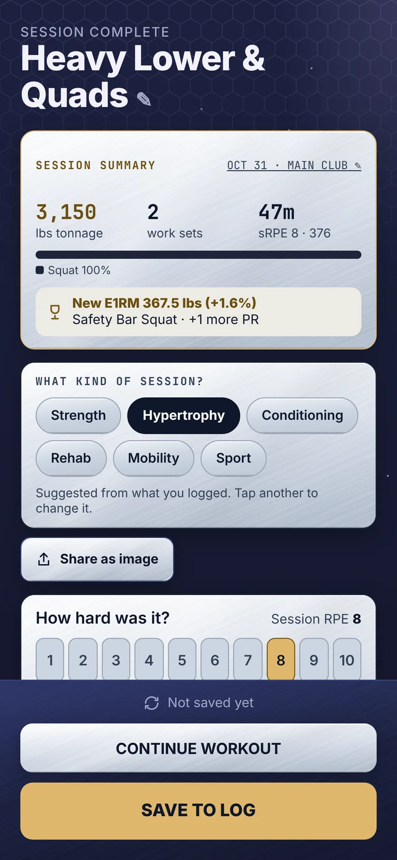 Session complete screen