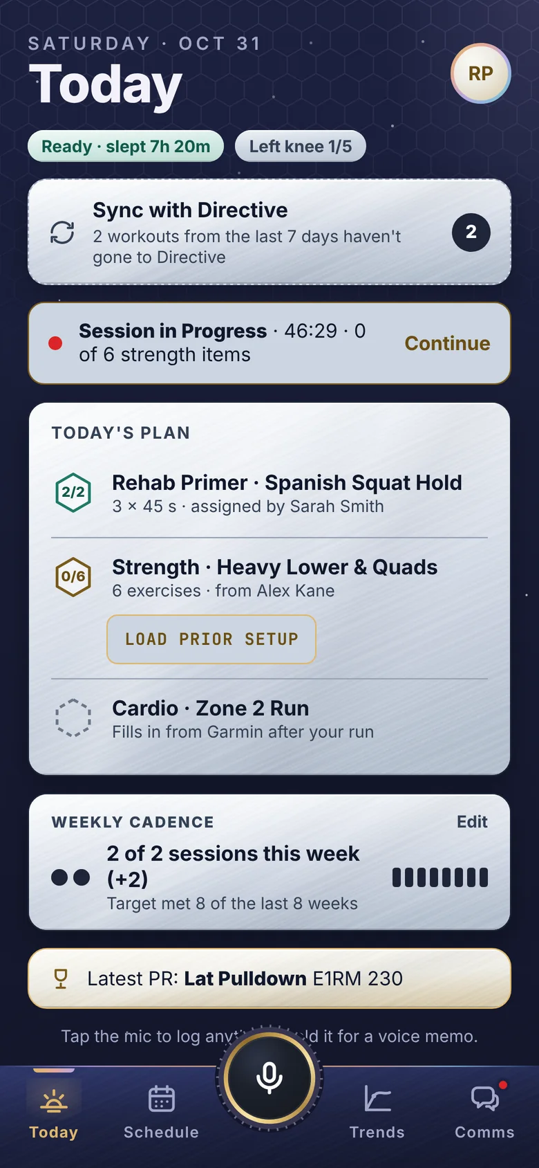 Stratum Today screen: today’s plan from two Directors and the weekly cadence