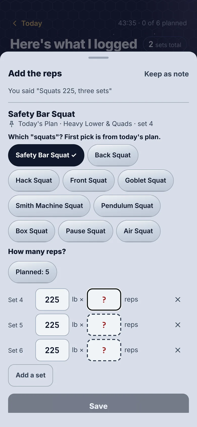 Stratum asks which squat and how many reps instead of guessing
